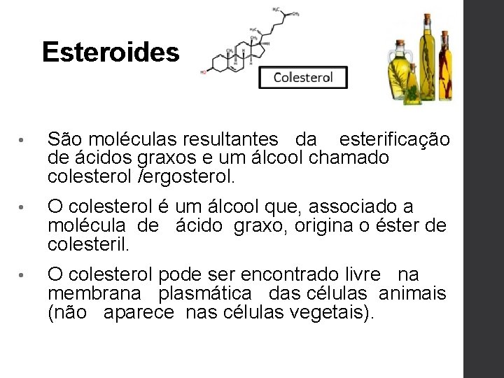 Esteroides • São moléculas resultantes da esterificação de ácidos graxos e um álcool chamado