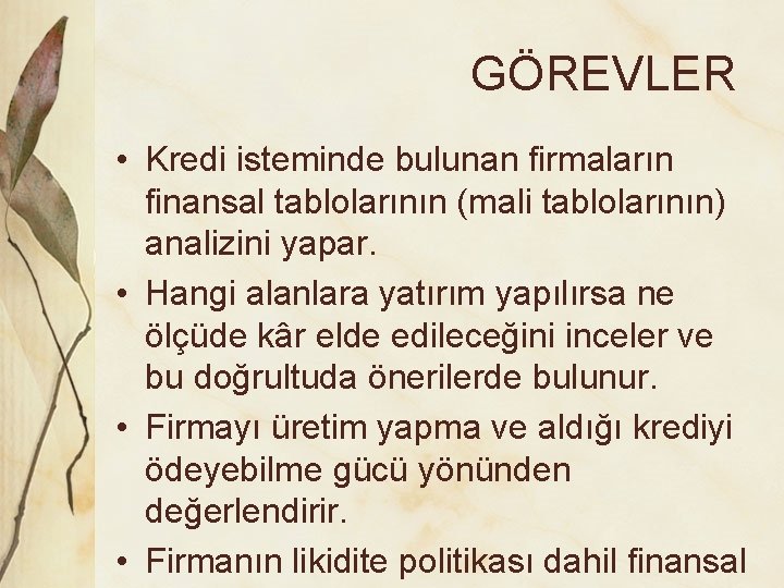 GÖREVLER • Kredi isteminde bulunan firmaların finansal tablolarının (mali tablolarının) analizini yapar. • Hangi