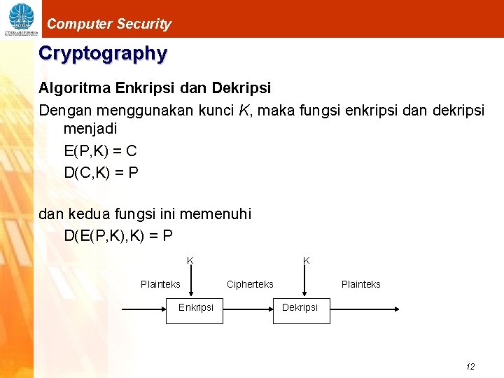 Computer Security Cryptography Algoritma Enkripsi dan Dekripsi Dengan menggunakan kunci K, maka fungsi enkripsi