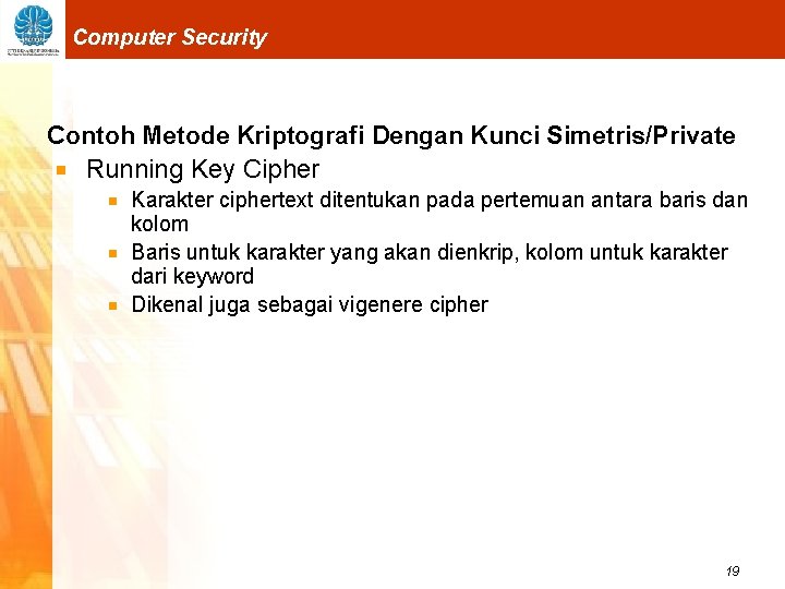Computer Security Contoh Metode Kriptografi Dengan Kunci Simetris/Private Running Key Cipher Karakter ciphertext ditentukan
