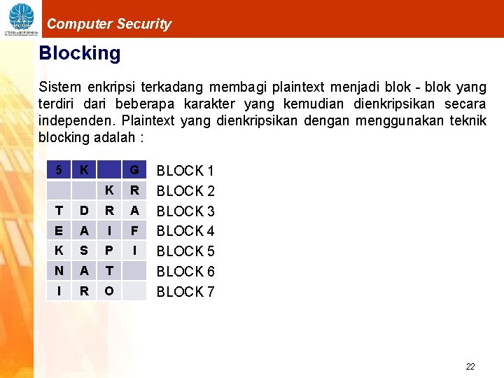 Computer Security Blocking Sistem enkripsi terkadang membagi plaintext menjadi blok‐blok yang terdiri dari beberapa