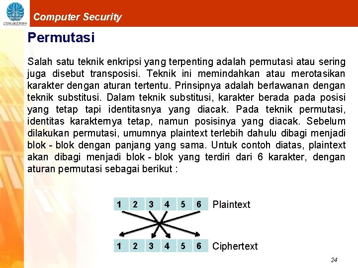 Computer Security Permutasi Salah satu teknik enkripsi yang terpenting adalah permutasi atau sering juga