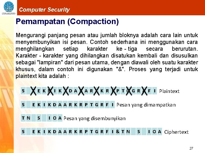 Computer Security Pemampatan (Compaction) Mengurangi panjang pesan atau jumlah bloknya adalah cara lain untuk