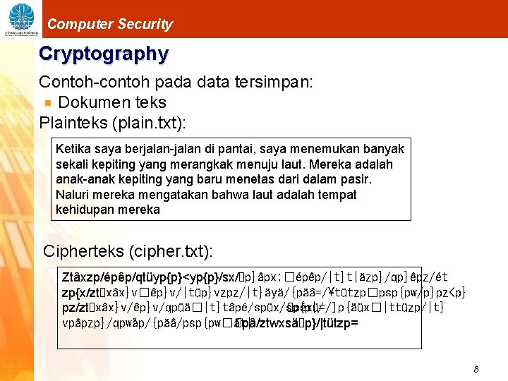 Computer Security Cryptography Contoh-contoh pada data tersimpan: Dokumen teks Plainteks (plain. txt): Ketika saya