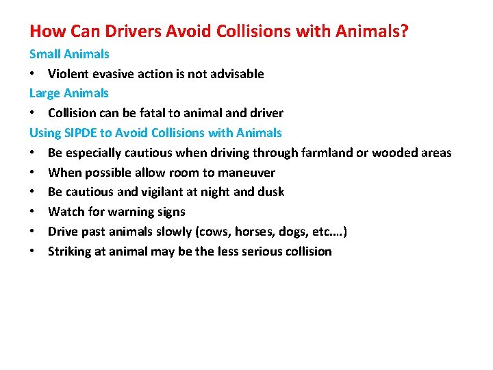 How Can Drivers Avoid Collisions with Animals? Small Animals • Violent evasive action is