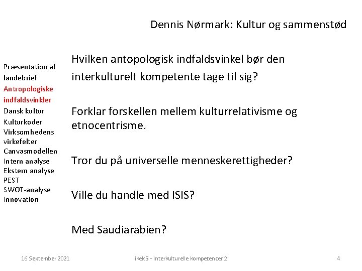 Dennis Nørmark: Kultur og sammenstød Præsentation af landebrief Antropologiske indfaldsvinkler Dansk kultur Kulturkoder Virksomhedens