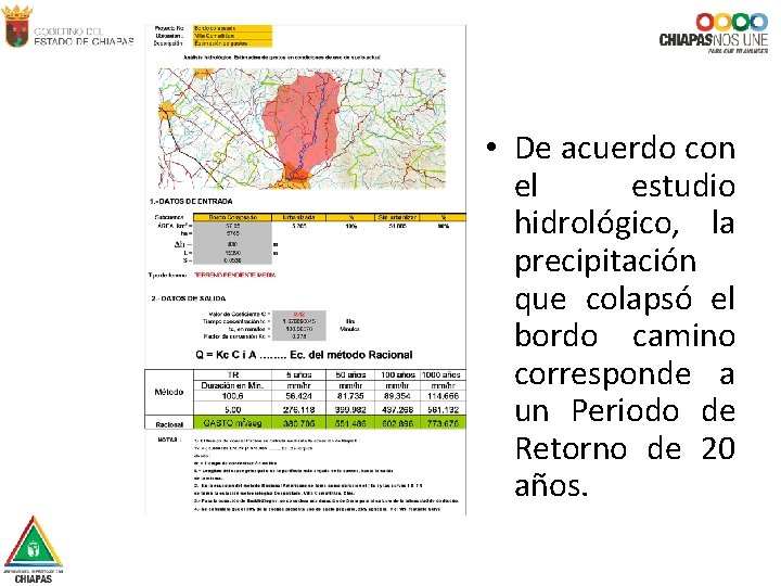  • De acuerdo con el estudio hidrológico, la precipitación que colapsó el bordo