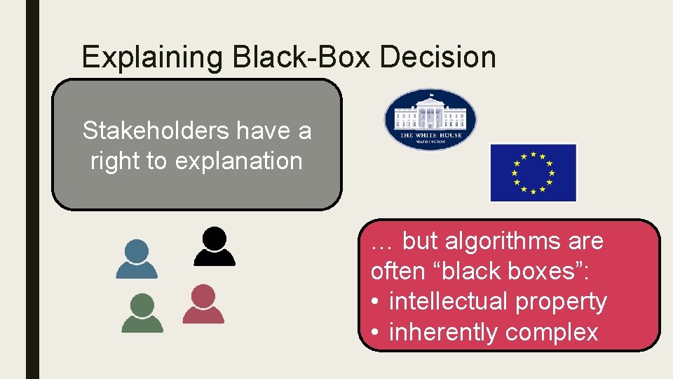 Explaining Black-Box Decision Makers Stakeholders have a right to explanation … but algorithms are Explaining Black-Box Decision Makers Stakeholders have a right to explanation … but algorithms are