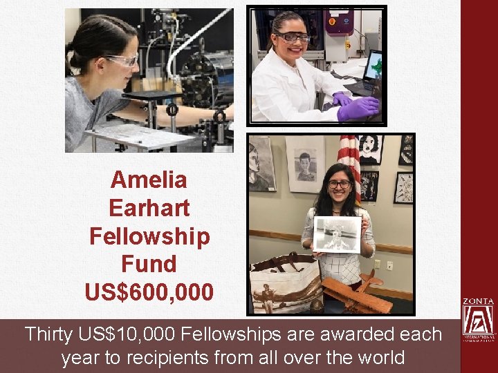 Amelia Earhart Fellowship Fund US$600, 000 Thirty US$10, 000 Fellowships are awarded each year