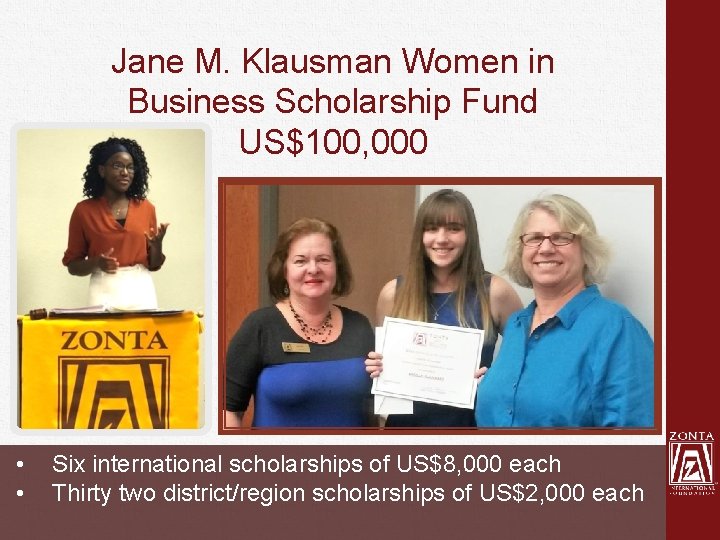 Jane M. Klausman Women in Business Scholarship Fund US$100, 000 • • Six international