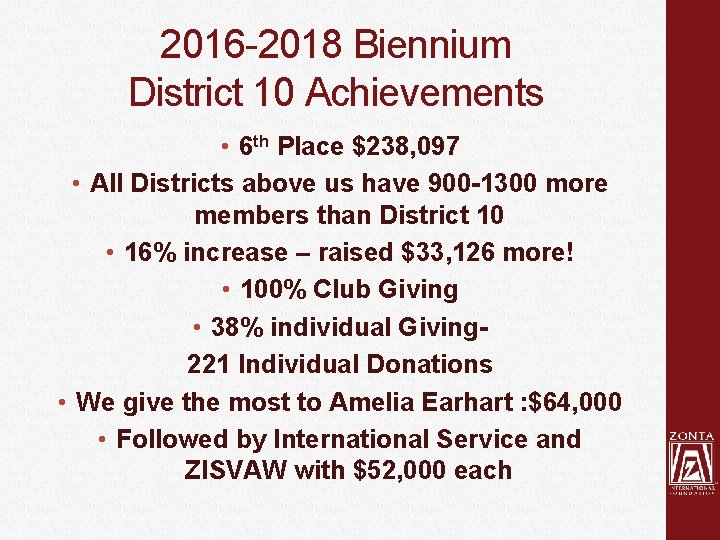2016 -2018 Biennium District 10 Achievements • 6 th Place $238, 097 • All