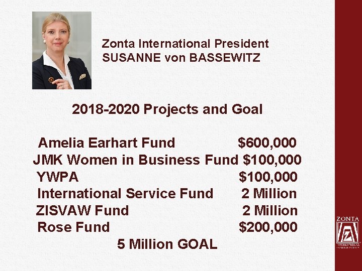 Zonta International President SUSANNE von BASSEWITZ 2018 -2020 Projects and Goal Amelia Earhart Fund