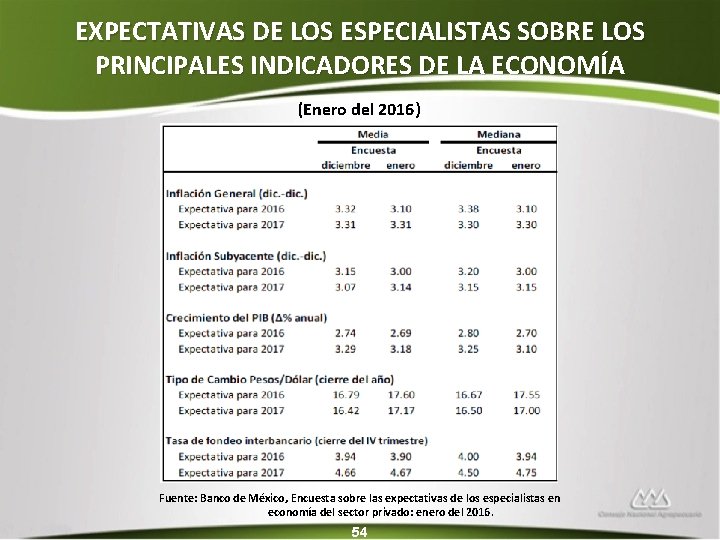 EXPECTATIVAS DE LOS ESPECIALISTAS SOBRE LOS PRINCIPALES INDICADORES DE LA ECONOMÍA (Enero del 2016)