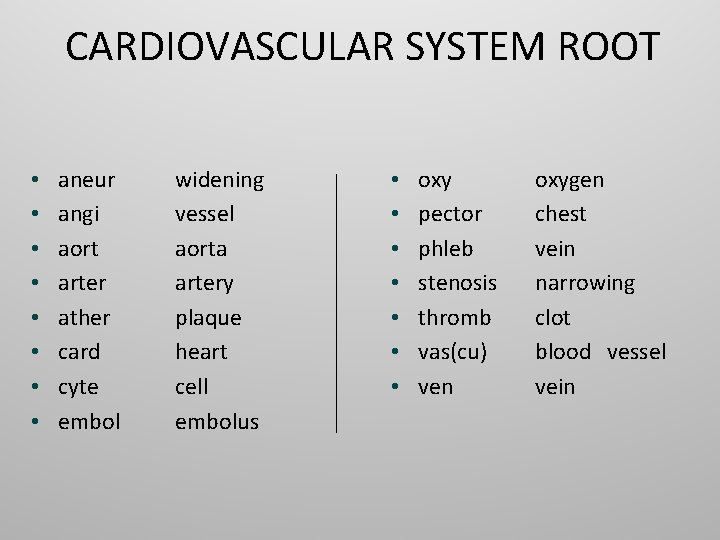 CARDIOVASCULAR SYSTEM ROOT • • aneur angi aort arter ather card cyte embol widening