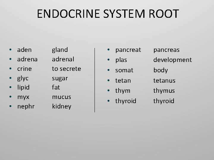 ENDOCRINE SYSTEM ROOT • • aden adrena crine glyc lipid myx nephr gland adrenal