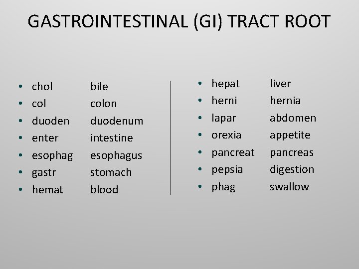 GASTROINTESTINAL (GI) TRACT ROOT • • chol col duoden enter esophag gastr hemat bile