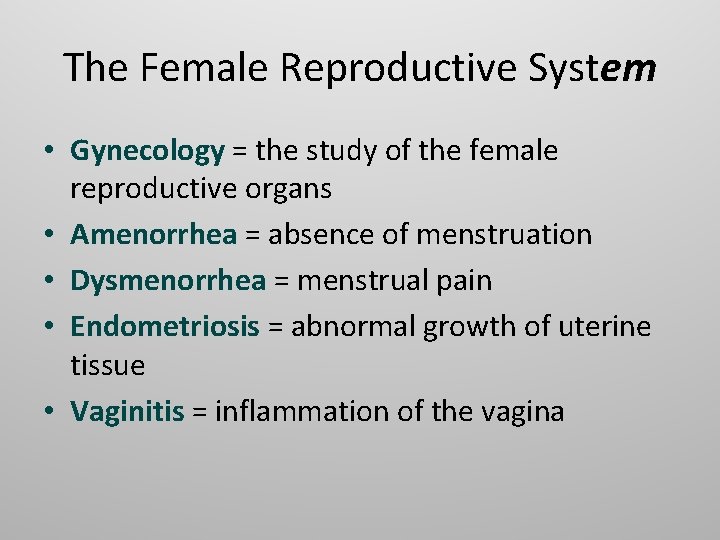 The Female Reproductive System • Gynecology = the study of the female reproductive organs