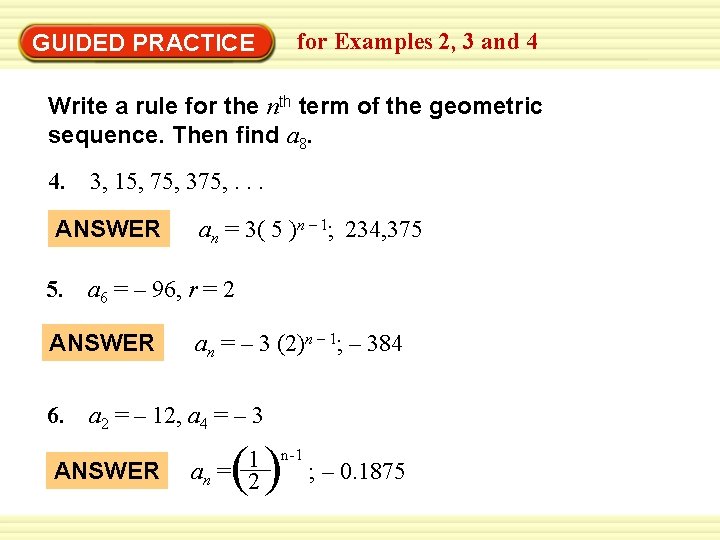 Warm-Up Exercises GUIDED PRACTICE for Examples 2, 3 and 4 Write a rule for