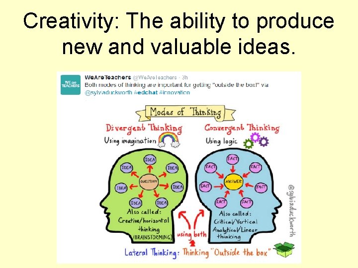 Creativity: The ability to produce new and valuable ideas. 