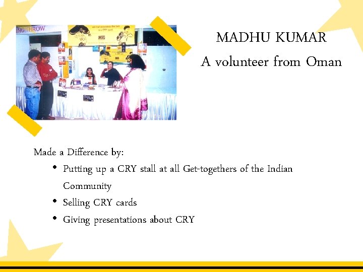 MADHU KUMAR A volunteer from Oman Made a Difference by: • Putting up a