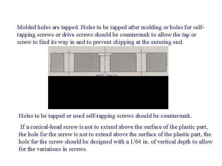 Molded holes are tapped. Holes to be tapped after molding or holes for selftapping