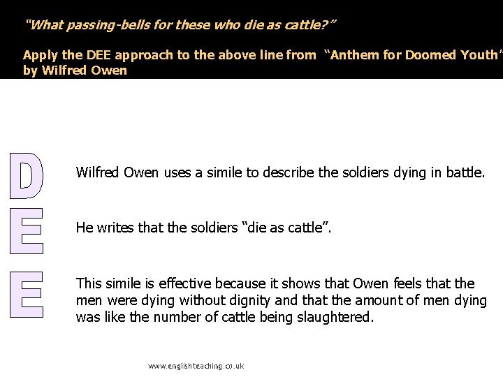 “What passing-bells for these who die as cattle? ” Apply the DEE approach to