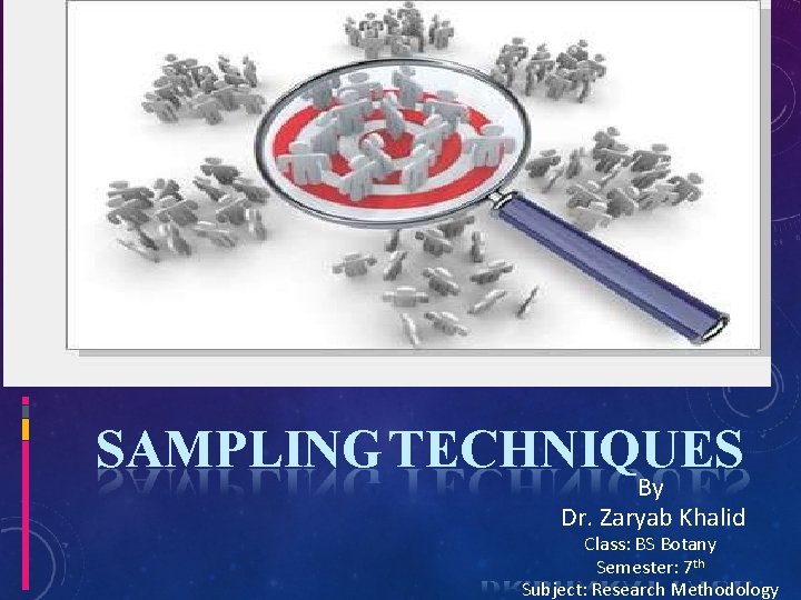 SAMPLING TECHNIQUES By Dr. Zaryab Khalid Class: BS Botany Semester: 7 th Subject: Research