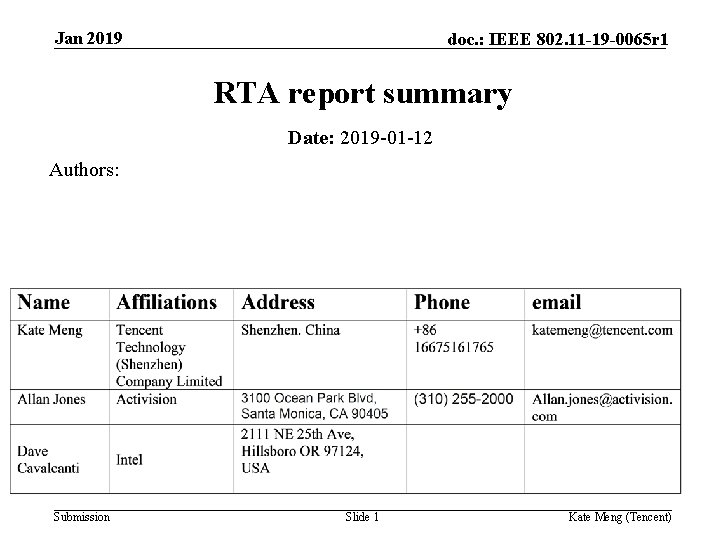 Jan 2019 doc. : IEEE 802. 11 -19 -0065 r 1 RTA report summary