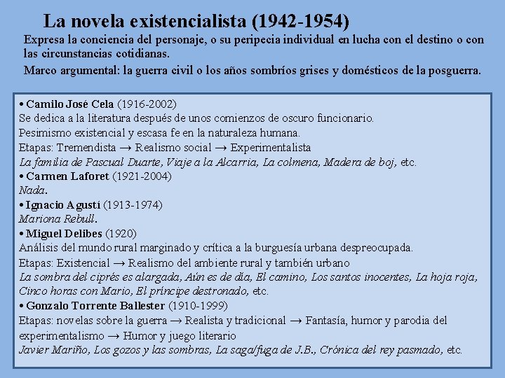 La novela existencialista (1942 -1954) Expresa la conciencia del personaje, o su peripecia individual