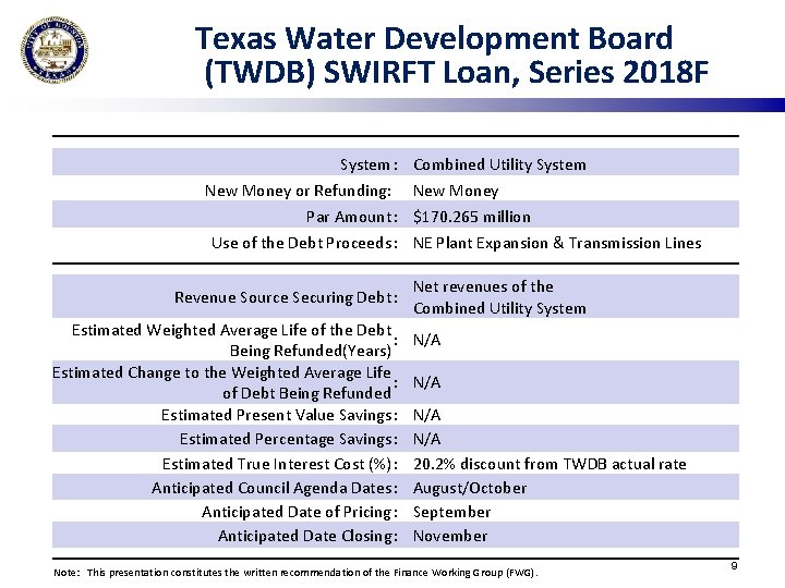 Texas Water Development Board (TWDB) SWIRFT Loan, Series 2018 F System: New Money or