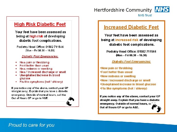 Increased Diabetic Feet Your feet have been assessed as being at increased risk of