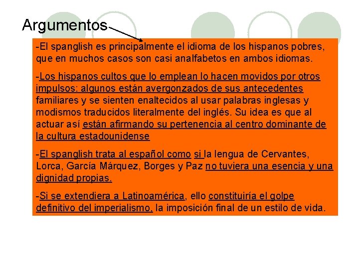 Argumentos -El spanglish es principalmente el idioma de los hispanos pobres, que en muchos