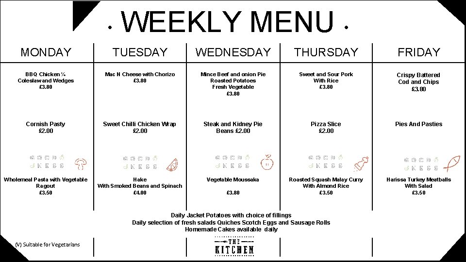  • WEEKLY MENU • MONDAY TUESDAY WEDNESDAY THURSDAY FRIDAY BBQ Chicken ¼ Coleslaw