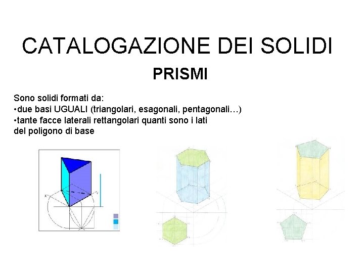 CATALOGAZIONE DEI SOLIDI PRISMI Sono solidi formati da: • due basi UGUALI (triangolari, esagonali,