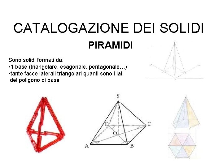 CATALOGAZIONE DEI SOLIDI PIRAMIDI Sono solidi formati da: • 1 base (triangolare, esagonale, pentagonale…)