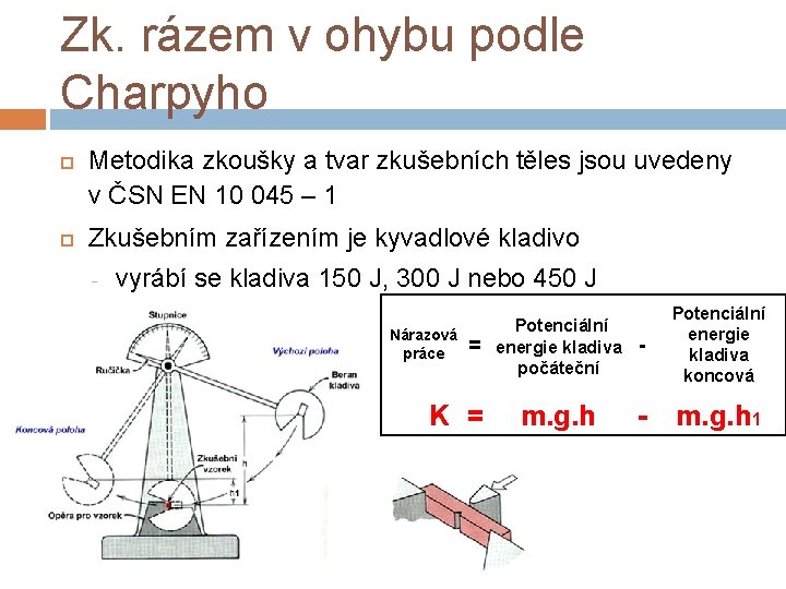 Zk. rázem v ohybu podle Charpyho Metodika zkoušky a tvar zkušebních těles jsou uvedeny