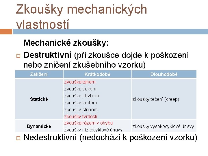 Zkoušky mechanických vlastností Mechanické zkoušky: Destruktivní (při zkoušce dojde k poškození nebo zničení zkušebního