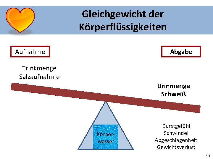 Gleichgewicht der Körperflüssigkeiten Aufnahme Abgabe Trinkmenge Salzaufnahme Urinmenge Schweiß Körperwasser Durstgefühl Schwindel Abgeschlagenheit Gewichtsverlust