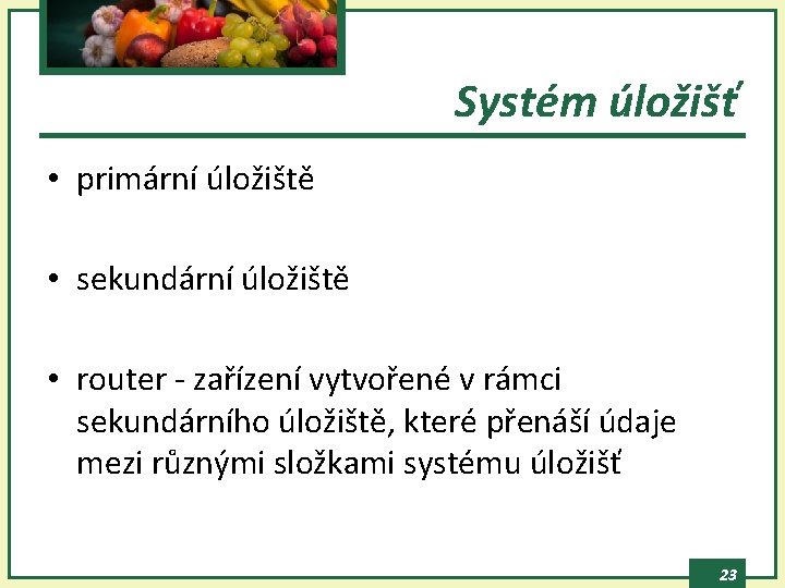 Systém úložišť • primární úložiště • sekundární úložiště • router - zařízení vytvořené v
