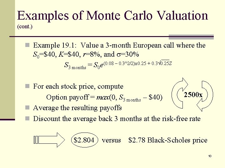 Examples of Monte Carlo Valuation (cont. ) n Example 19. 1: Value a 3