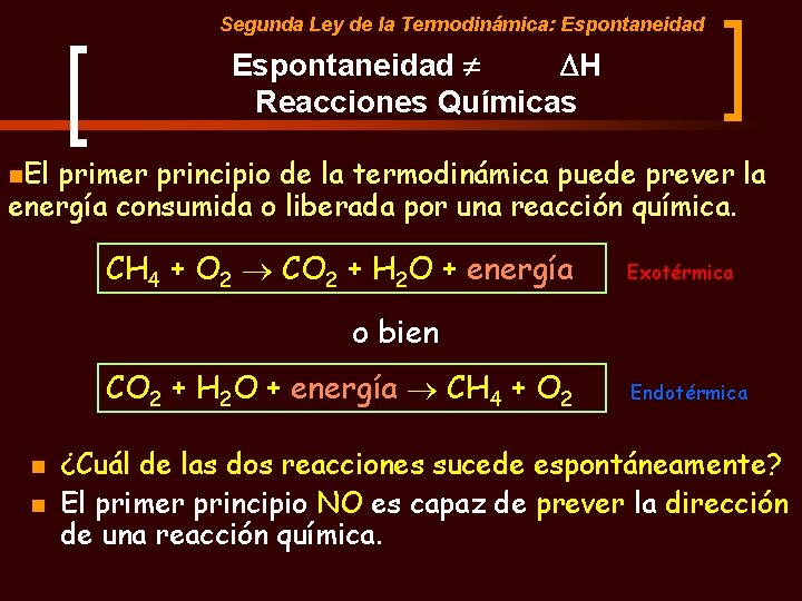 Segunda Ley de la Termodinámica: Espontaneidad DH Reacciones Químicas n. El primer principio de