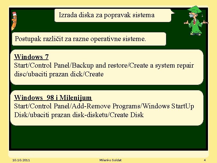 Izrada diska za popravak sistema Postupak različit za razne operativne sisteme. Windows 7 Start/Control