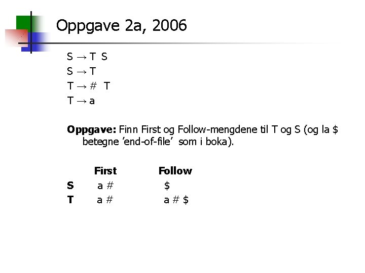 Oppgave 2 a, 2006 S→T S S→T T→# T T→a Oppgave: Finn First og