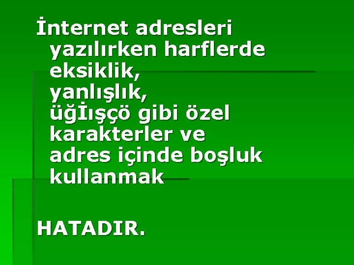 İnternet adresleri yazılırken harflerde eksiklik, yanlışlık, üğİışçö gibi özel karakterler ve adres içinde boşluk