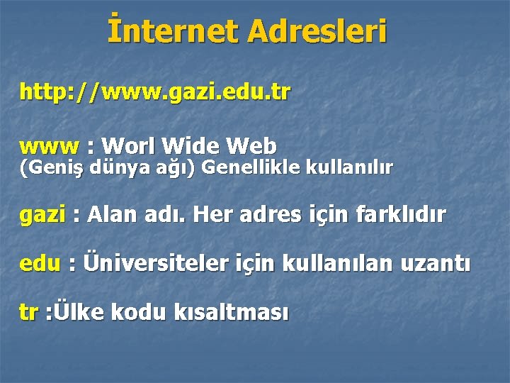 İnternet Adresleri http: //www. gazi. edu. tr www : Worl Wide Web (Geniş dünya