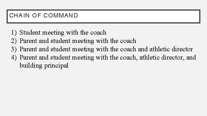 CHAIN OF COMMAND 1) 2) 3) 4) Student meeting with the coach Parent and