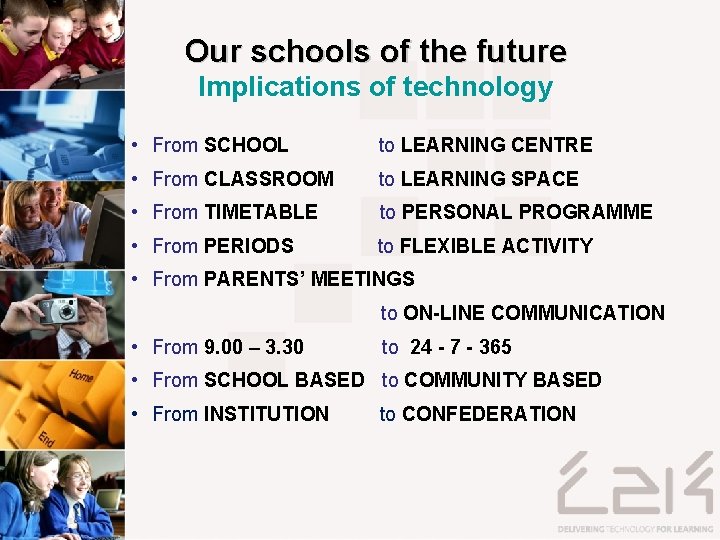 Our schools of the future Implications of technology • From SCHOOL to LEARNING CENTRE