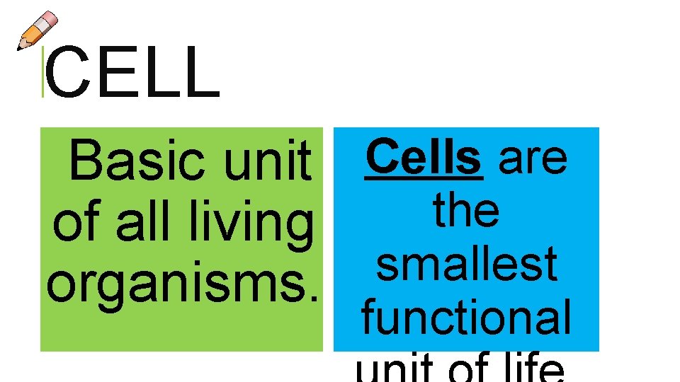 CELL Basic unit Cells are the of all living smallest organisms. functional 