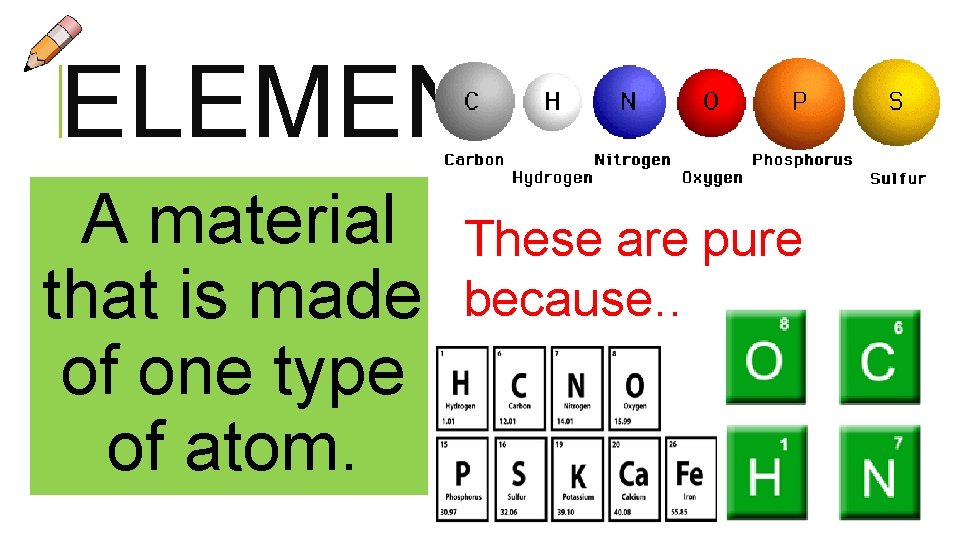 ELEMENT A material that is made of one type of atom. These are pure