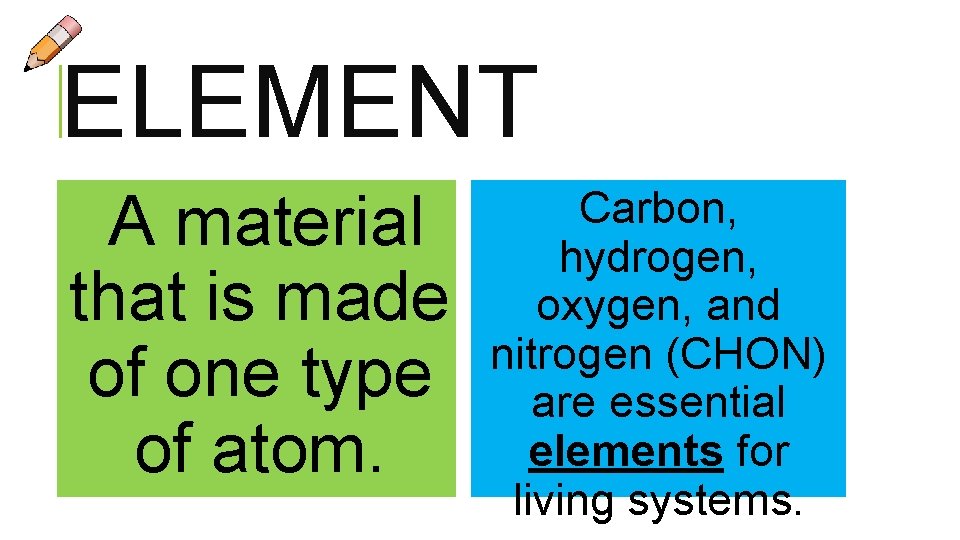 ELEMENT A material that is made of one type of atom. Carbon, hydrogen, oxygen,